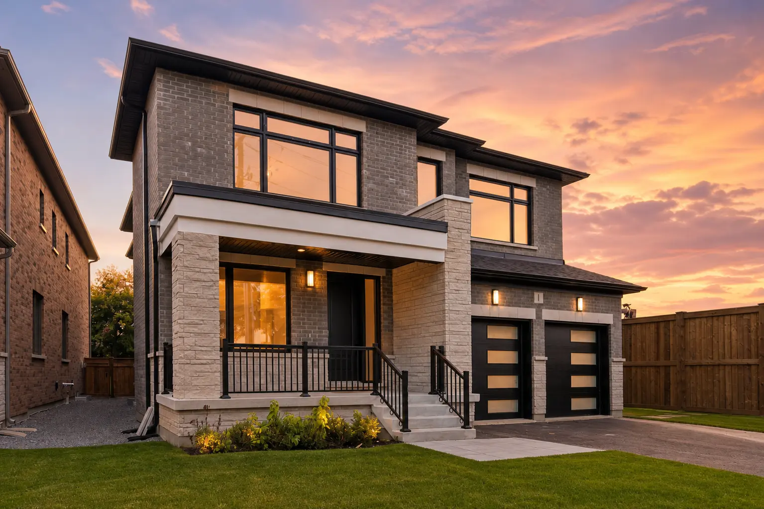 Front exterior at sunset with warm interior lighting glowing through the windows